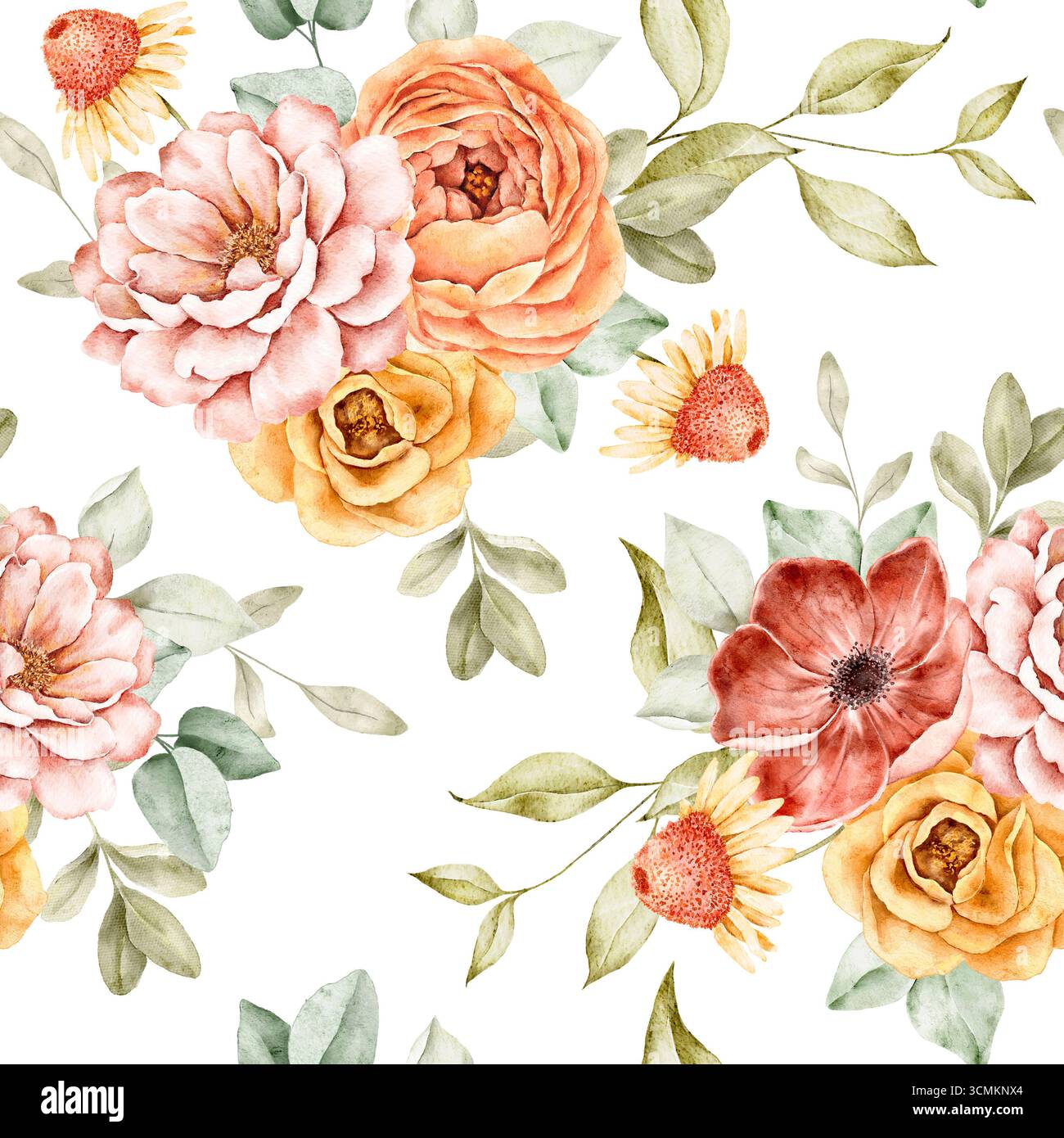 Motif floral aquarelle sans couture avec tournesols, pivoines, roses et feuillage dans des tons chauds d'automne. Parfait pour le tissu, le papier d'emballage, ou saisonnier Banque D'Images