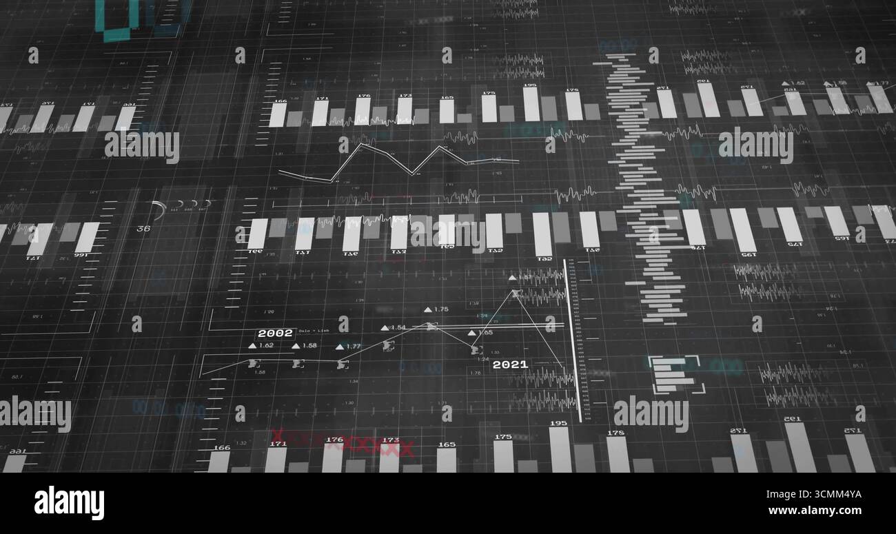 Animer les données circulant dans le tableau de bord sur le moniteur de bureau, avec des graphiques à barres blanches et des surlignements rouges Banque D'Images
