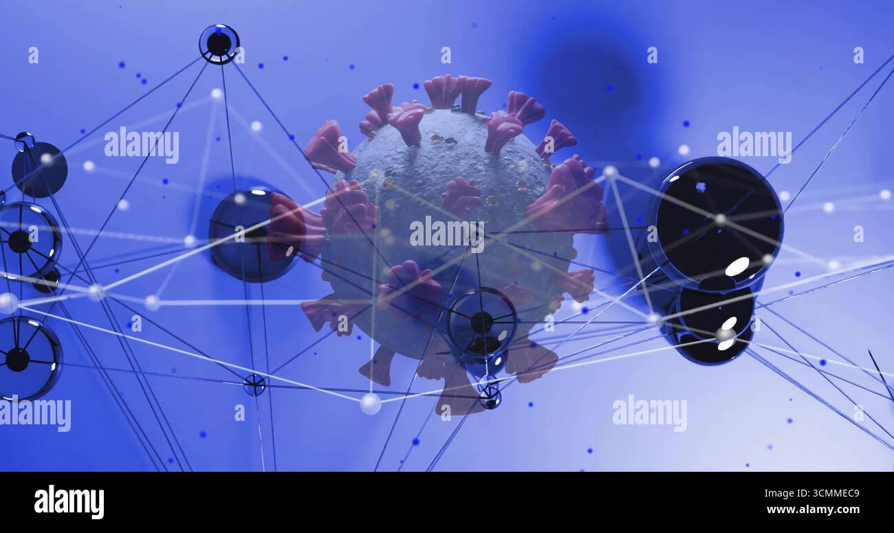 Particule de virus flottante planant au milieu de lignes blanches et de nœuds noirs sur fond bleu, avec thème de données Banque D'Images