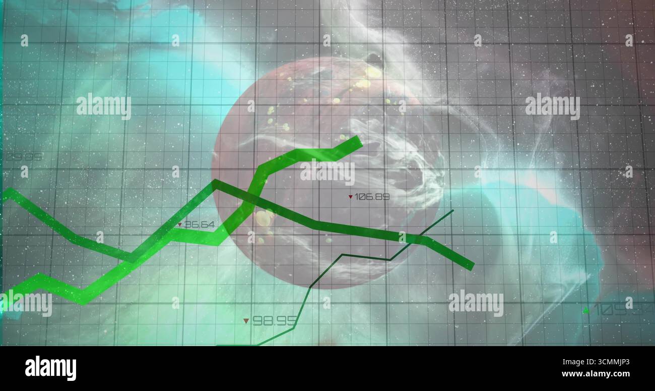 Planète rocheuse centrale flottante dans l'espace lointain, avec superposition de grille, graphiques à lignes vertes, étiquettes numériques Banque D'Images
