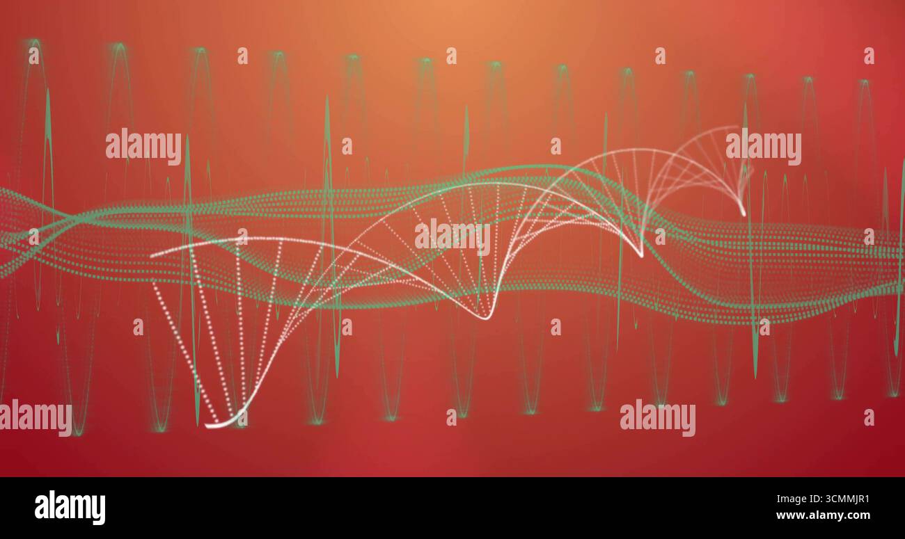 Affichage d'une forme d'onde abstraite avec des courbes pointillées blanches et vertes sur un gradient rouge-orange Banque D'Images