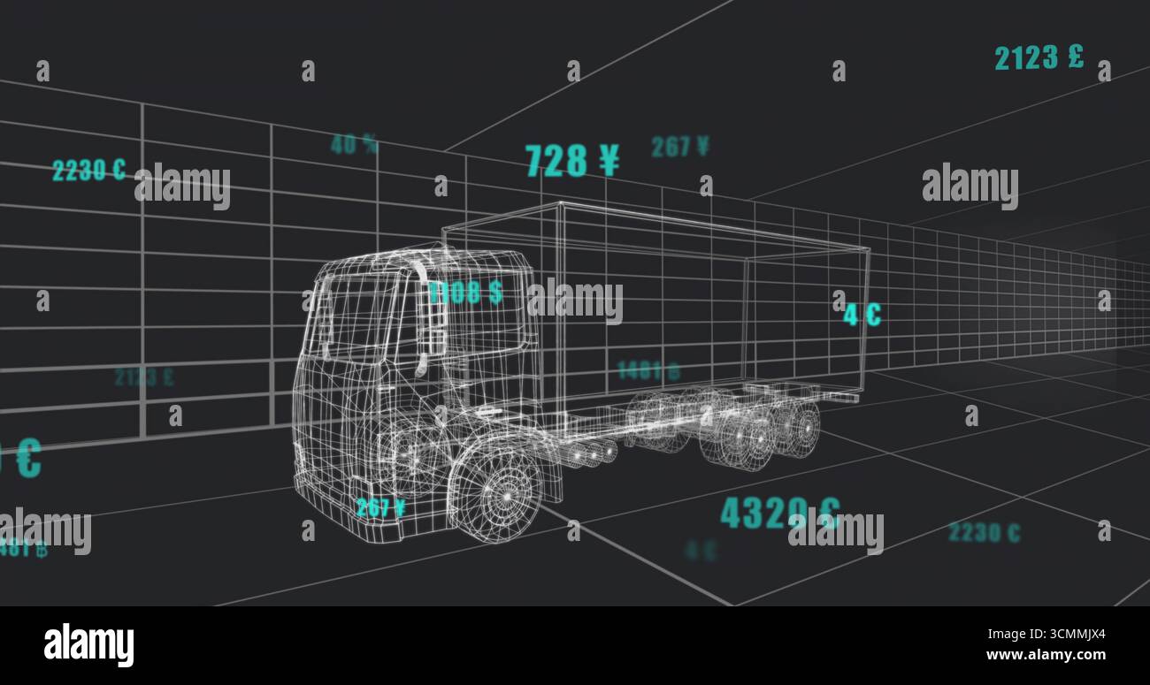 Modèle de camion semi-remorque filaire rotatif flottant dans la grille, affichant les valeurs de devise turquoise Banque D'Images