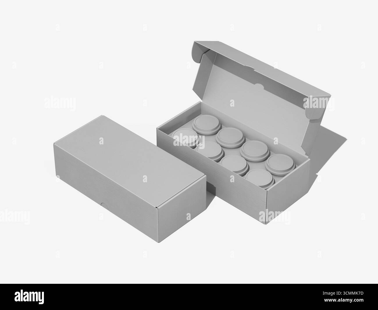 Maquette d'emballage de capsule de café vierge grise avec rendu 3D de boîte ouverte sur fond blanc Banque D'Images