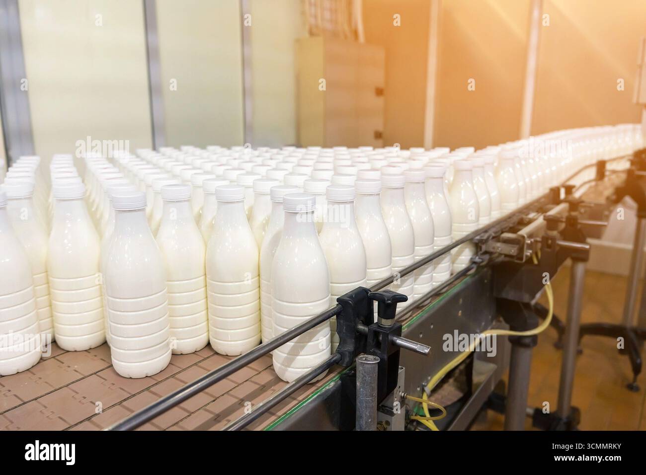 Lait frais emballé dans des bouteilles en plastique transportées par système de convoyeur à l'usine laitière. Équipement industriel et chaîne de production pour la nourriture et la boisson Banque D'Images