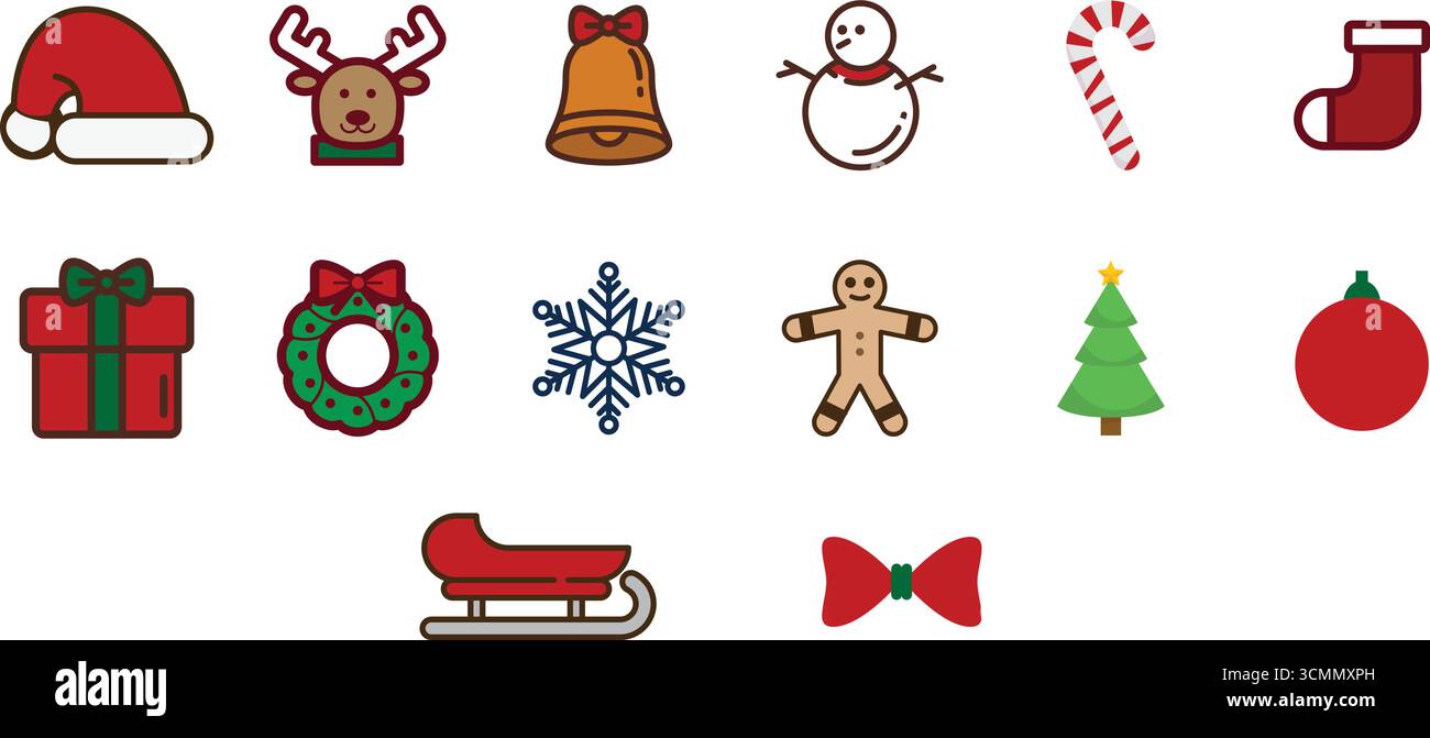 Éléments de Noël vecteur set Santa cap, cerf, cloche, bonhomme de neige, cadeau, biscuits, chaussettes, flocons de neige, arbre, ornements, décorations festives pour la conception hivernale Illustration de Vecteur