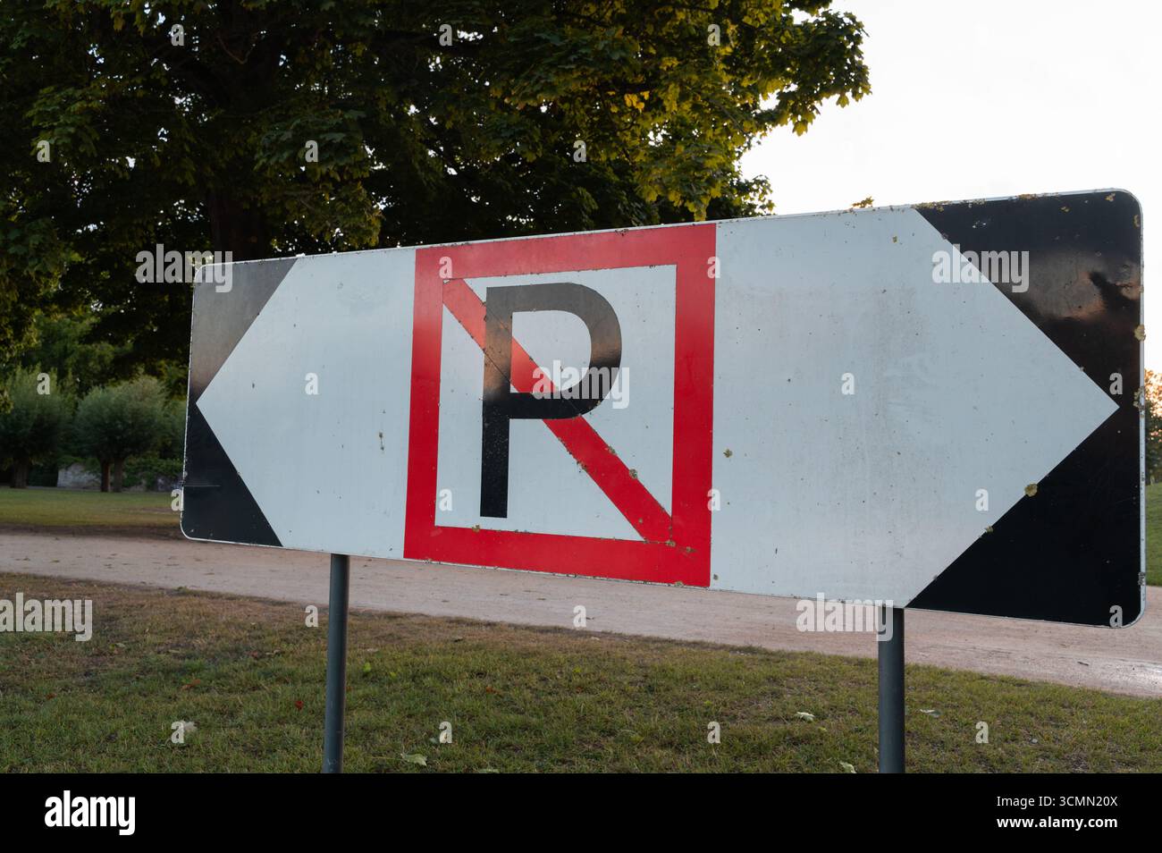 Un panneau d'interdiction de stationnement clairement visible placé dans le parc indique les zones spécifiques où l'accès des véhicules est restreint Banque D'Images