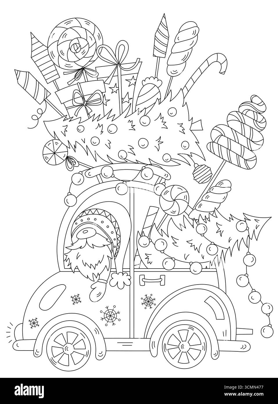 Coloriage pour adultes et enfants mettant en vedette Un nôme de Noël sur Une voiture avec des arbres et des cadeaux Illustration de Vecteur
