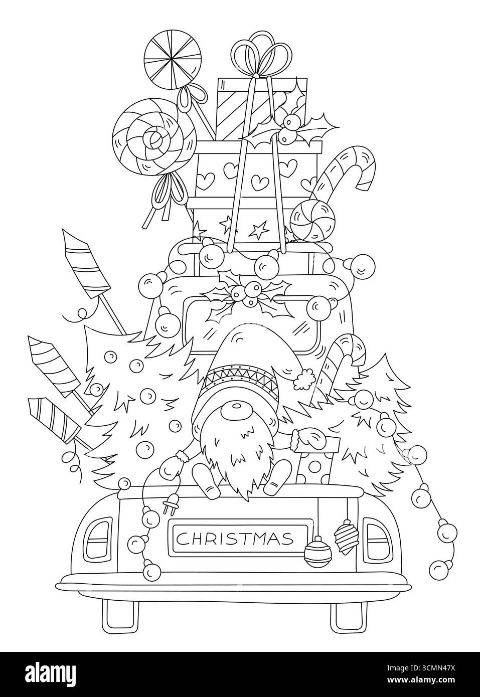 Coloriage pour adultes et enfants mettant en vedette Un nôme de Noël sur Une voiture avec des arbres et des cadeaux Illustration de Vecteur