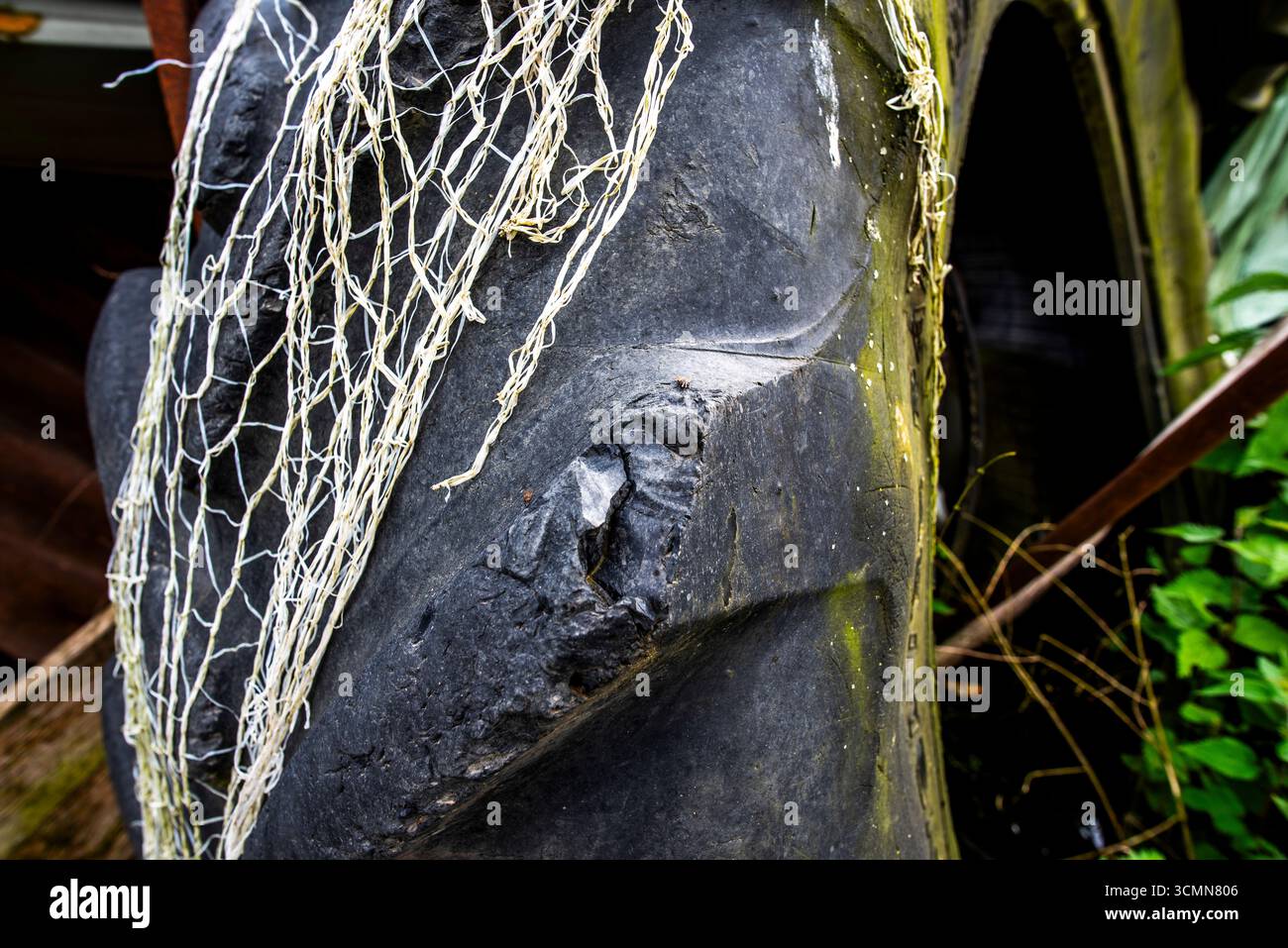 Gros plan d'un vieux pneu de tracteur avec texture de caoutchouc usée et détails de filet de pêche. Concept de pourriture, vie rurale, recyclage et esthe rustique industrielle Banque D'Images