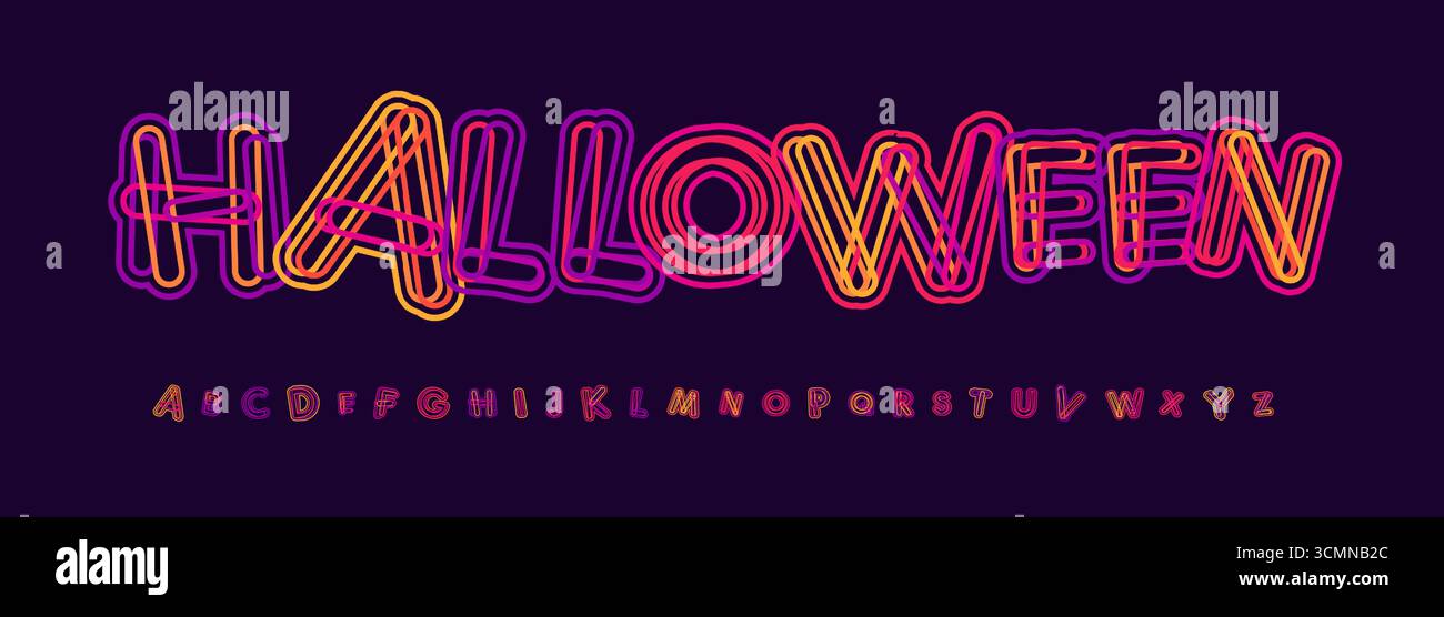 La police néon effrayante présente des lettres colorées audacieuses au style rétro éclatant, combinant horreur et ambiance amusante d'Halloween dans une police funky pour les titres Illustration de Vecteur
