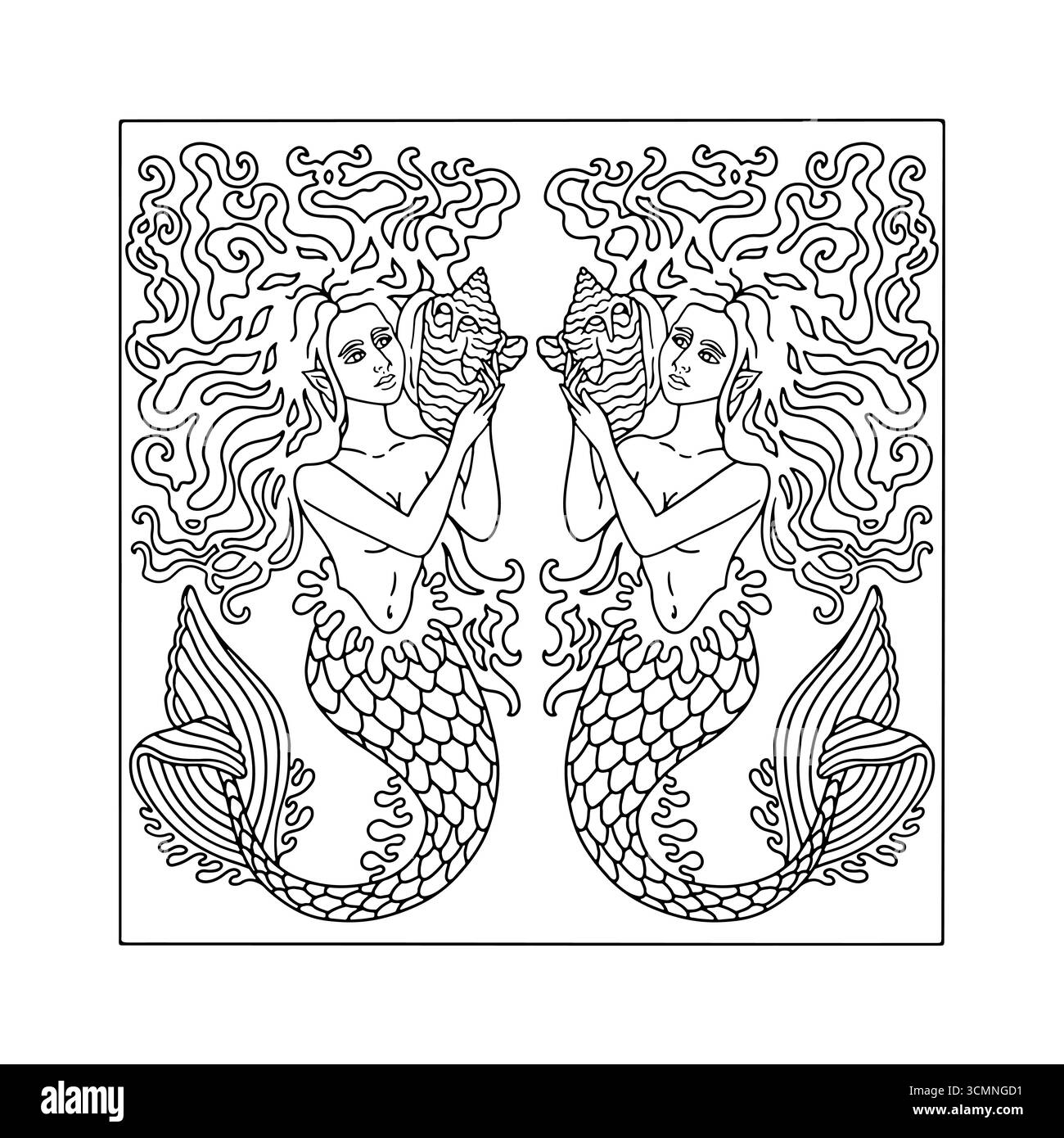 Sirène de style Art nouveau avec de longs cheveux tenant conque coquille dessinée à la main monochrome facile coloriage page vectorielle de livre illustration Illustration de Vecteur