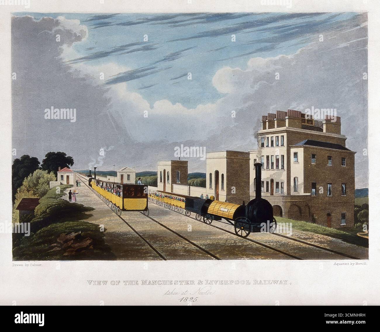 Gravure aquatinte colorée à la main d'Un train à vapeur à une gare avec des passagers, vue de la ligne de chemin de fer Liverpool-Manchester à Newton 1825 par Robert Havell d'après Edward Calvert art art antique vintage estampe historique du XIXe siècle transport Banque D'Images