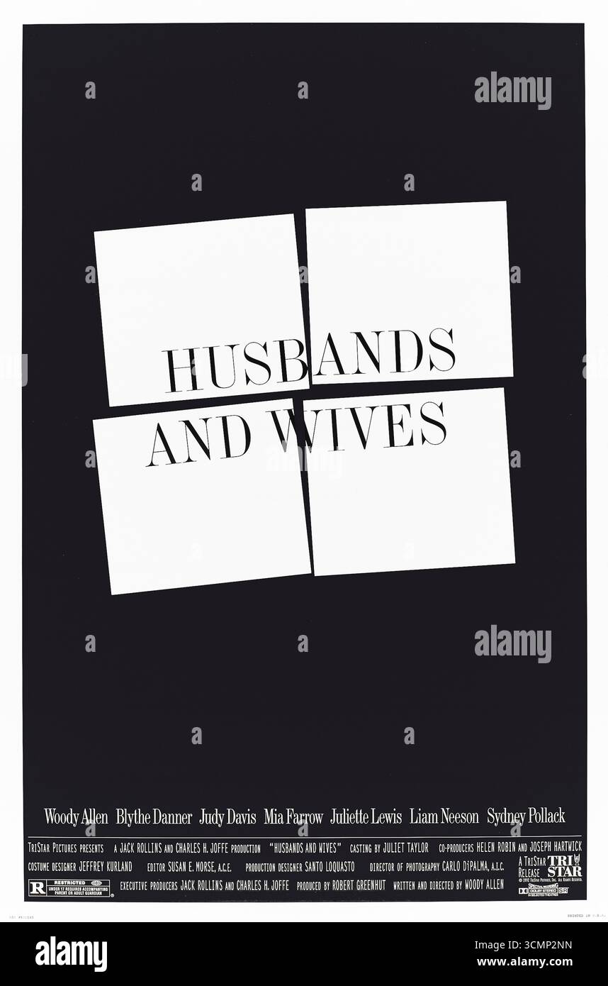 Husbands and Wives (1992) réalisé par Woody Allen et mettant en vedette Woody Allen, Mia Farrow et Judy Davis. Un drame brut de style semi-documentaire sur deux couples confrontés à la rupture de leur mariage et aux complexités de l'amour et de la fidélité. Photographie d'une affiche américaine originale de 1992 À USAGE ÉDITORIAL EXCLUSIF. Crédit : BFA / TriStar Pictures Banque D'Images