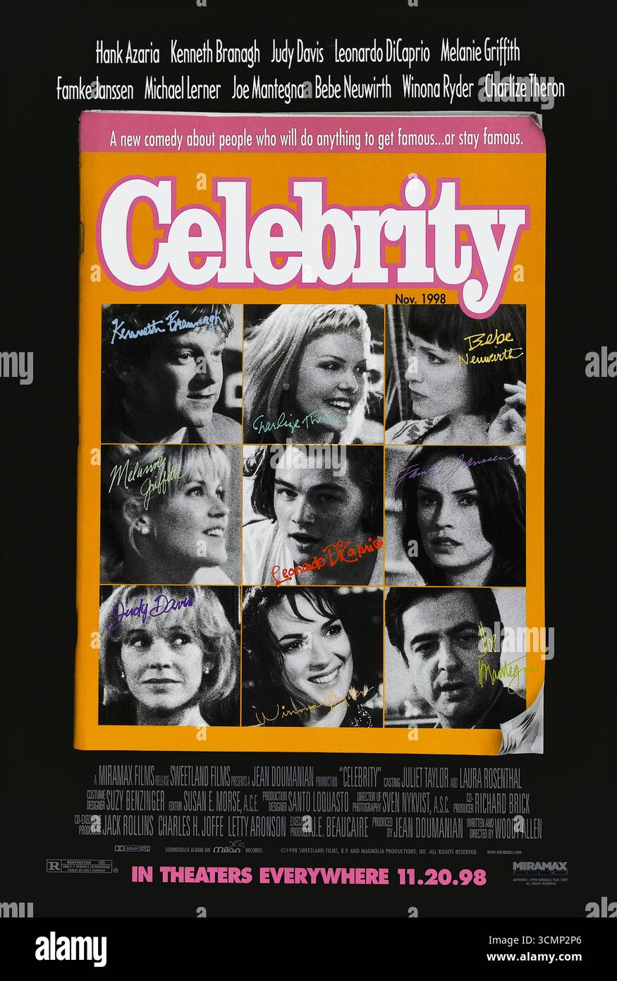 Celebrity (1998) réalisé par Woody Allen et mettant en vedette Kenneth Branagh, Judy Davis et Leonardo DiCaprio. Une satire en noir et blanc explorant les obsessions, les scandales et la superficialité de la célébrité à travers des personnages New-yorkais croisés dans l'industrie du divertissement. Photographie d'une affiche américaine originale de 1998 À USAGE ÉDITORIAL EXCLUSIF. Crédit : BFA / Miramax films Banque D'Images
