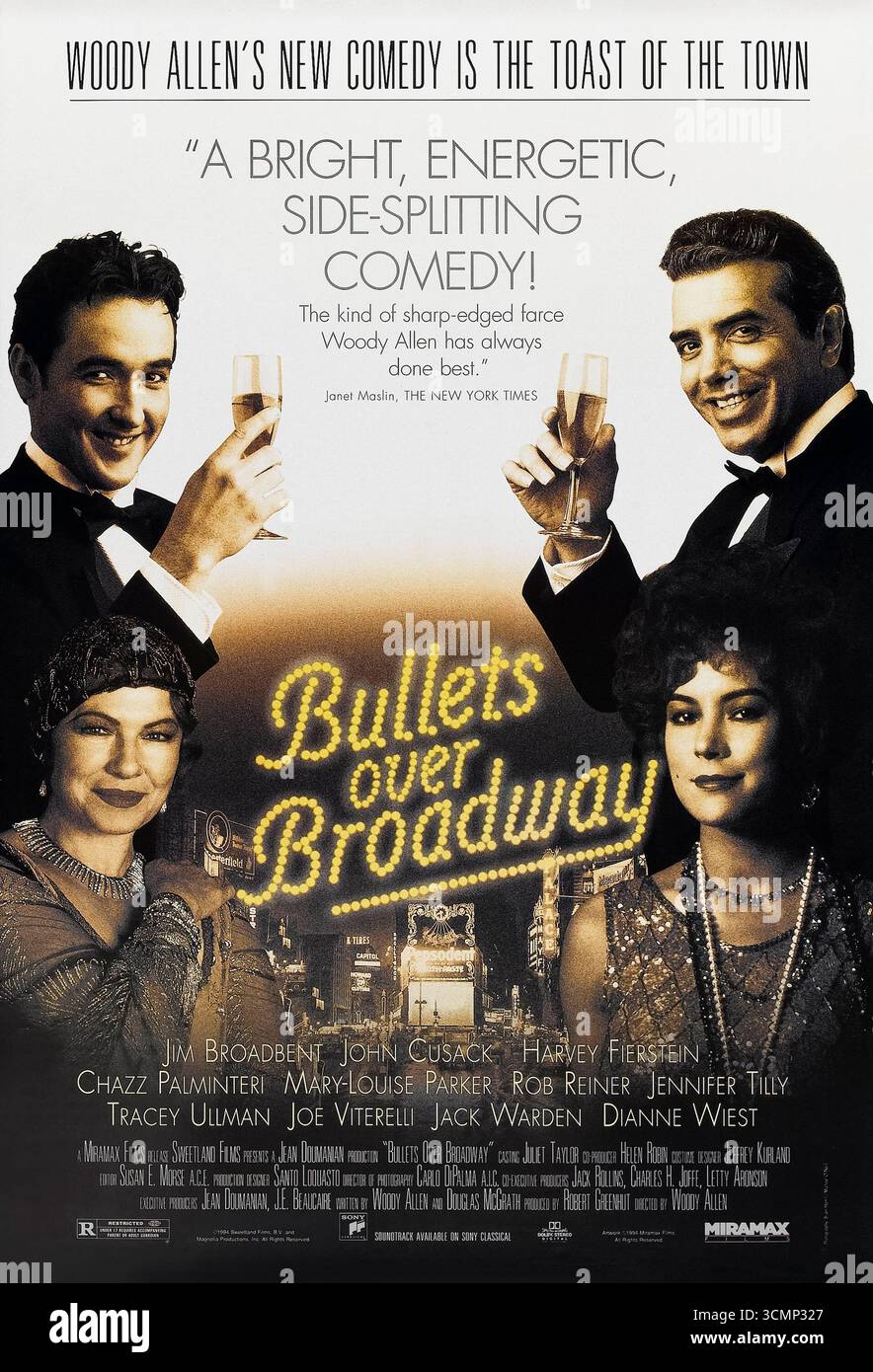 Bullets Over Broadway (1994) réalisé par Woody Allen et mettant en vedette John Cusack, Dianne Wiest et Jennifer Tilly. Un dramaturge en difficulté dans les années 1920 à New York compromet son intégrité artistique lorsque des gangsters soutiennent sa nouvelle pièce et assignent un garde du corps avec des idées créatives. Photographie d'une affiche américaine originale de 1994 À USAGE ÉDITORIAL EXCLUSIF. Crédit : BFA / Miramax films Banque D'Images