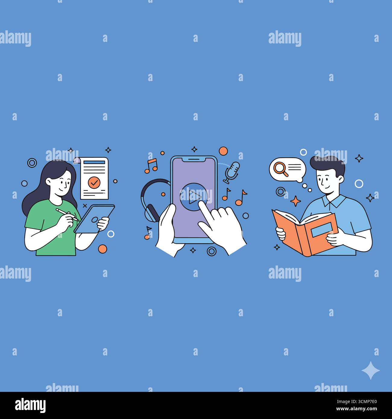 Ensemble de livres divers. Personnages lisant livre, étudiant avec ebook, écoutant livre audio sur smartphone. Concept d'éducation. Illustration vectorielle Illustration de Vecteur