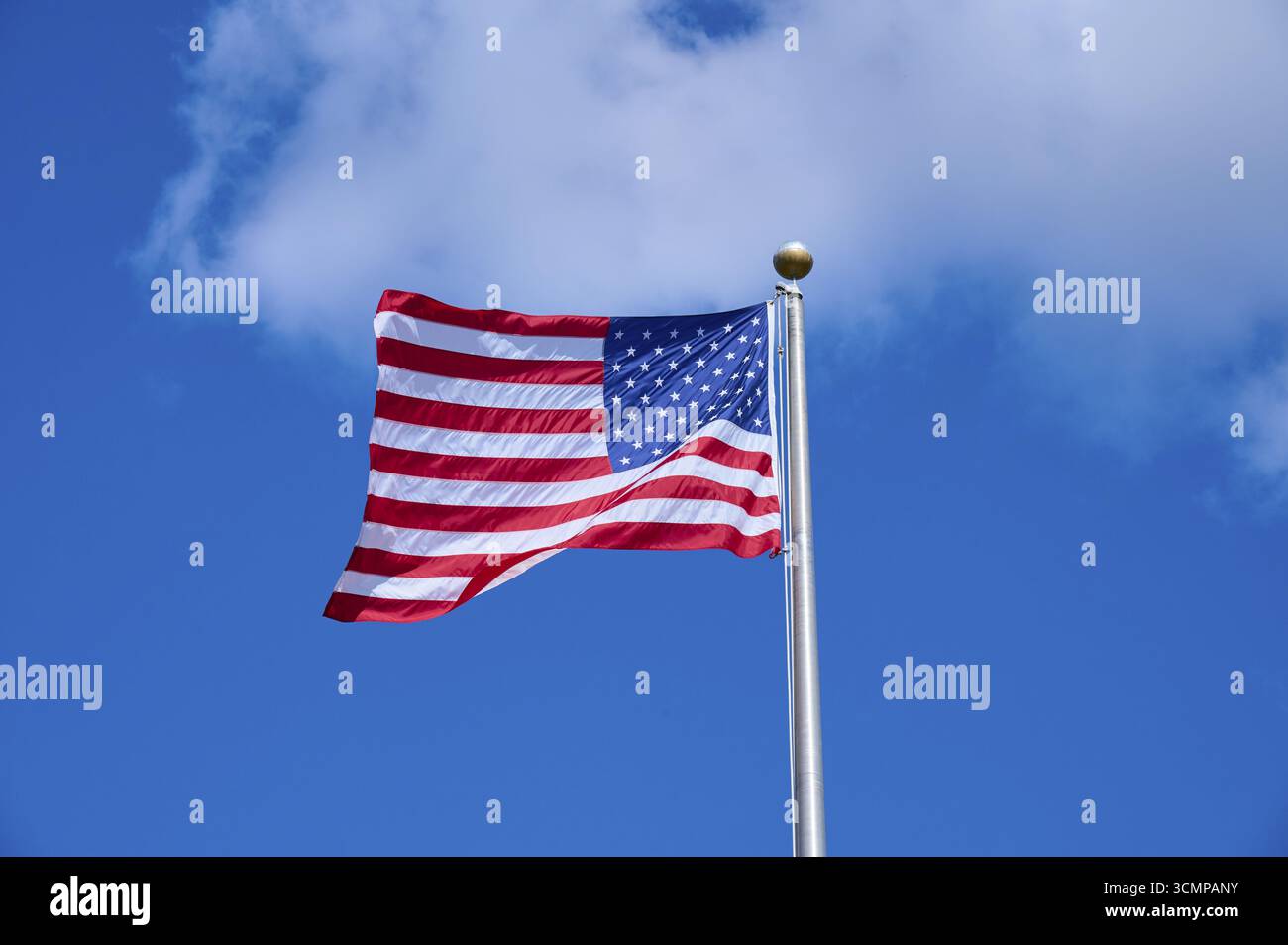 Le drapeau national américain bat vigoureusement sous un ciel ensoleillé, Flamingo, Everglades National Park, Floride, États-Unis Banque D'Images