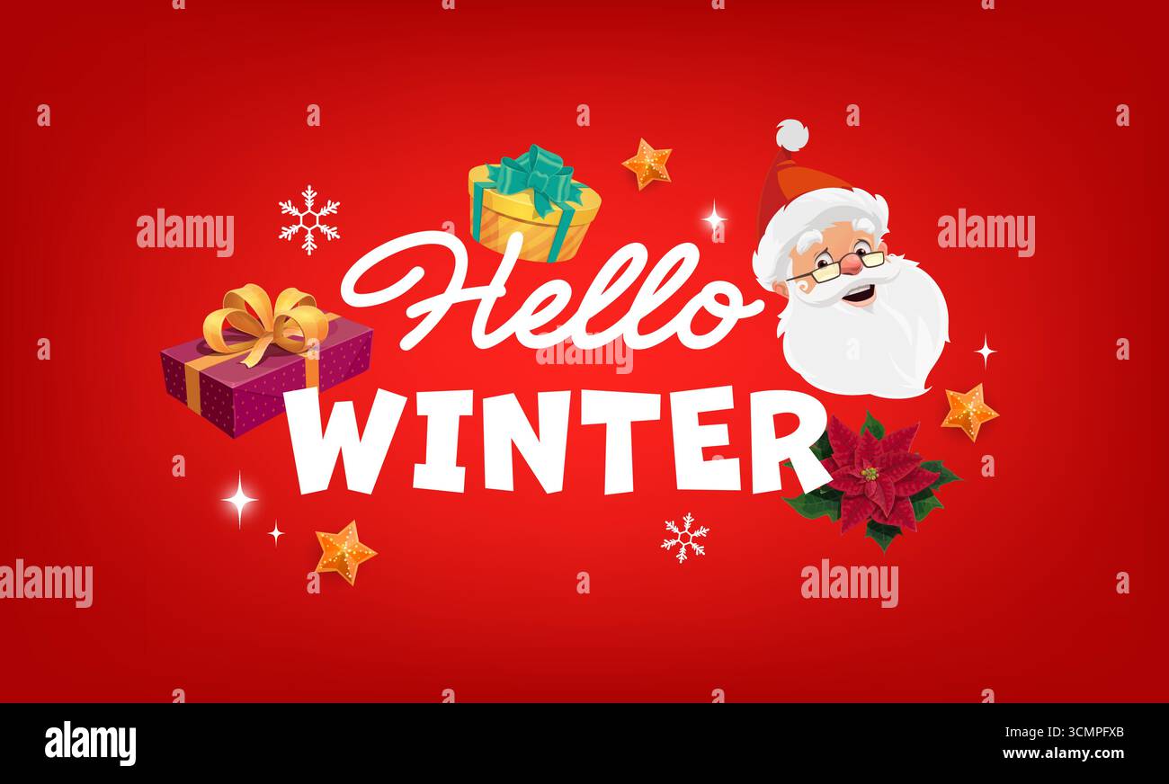 Bonjour hiver Noël citation carte de voeux joyeux Noël. Fond rouge festif avec le visage du Père Noël, flocon de neige, poinsettia, étoiles, boîtes cadeaux. Bannière vectorielle de dessin animé joyeuse célébrant la saison des fêtes Illustration de Vecteur