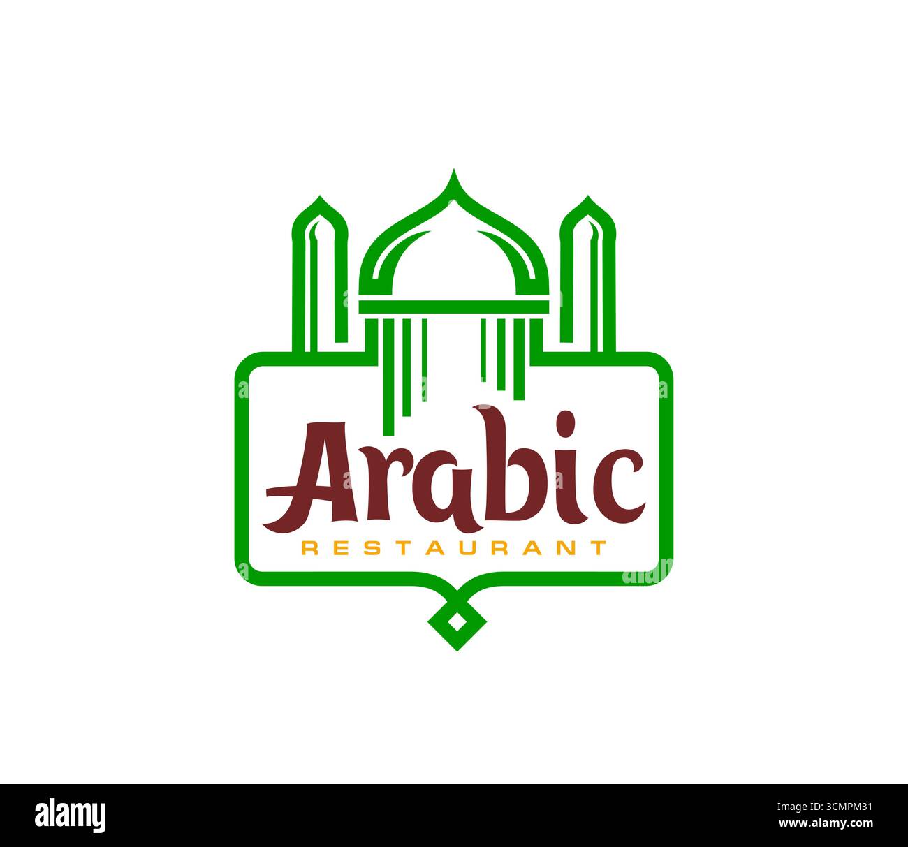 Icône de restaurant arabe pour la cuisine arabe et le menu gastronomique, emblème vectoriel. Icône de ligne de restaurant de cuisine arabe avec mosquée musulmane verte et lettres de style arabe pour la nourriture halal et les repas orientaux Illustration de Vecteur
