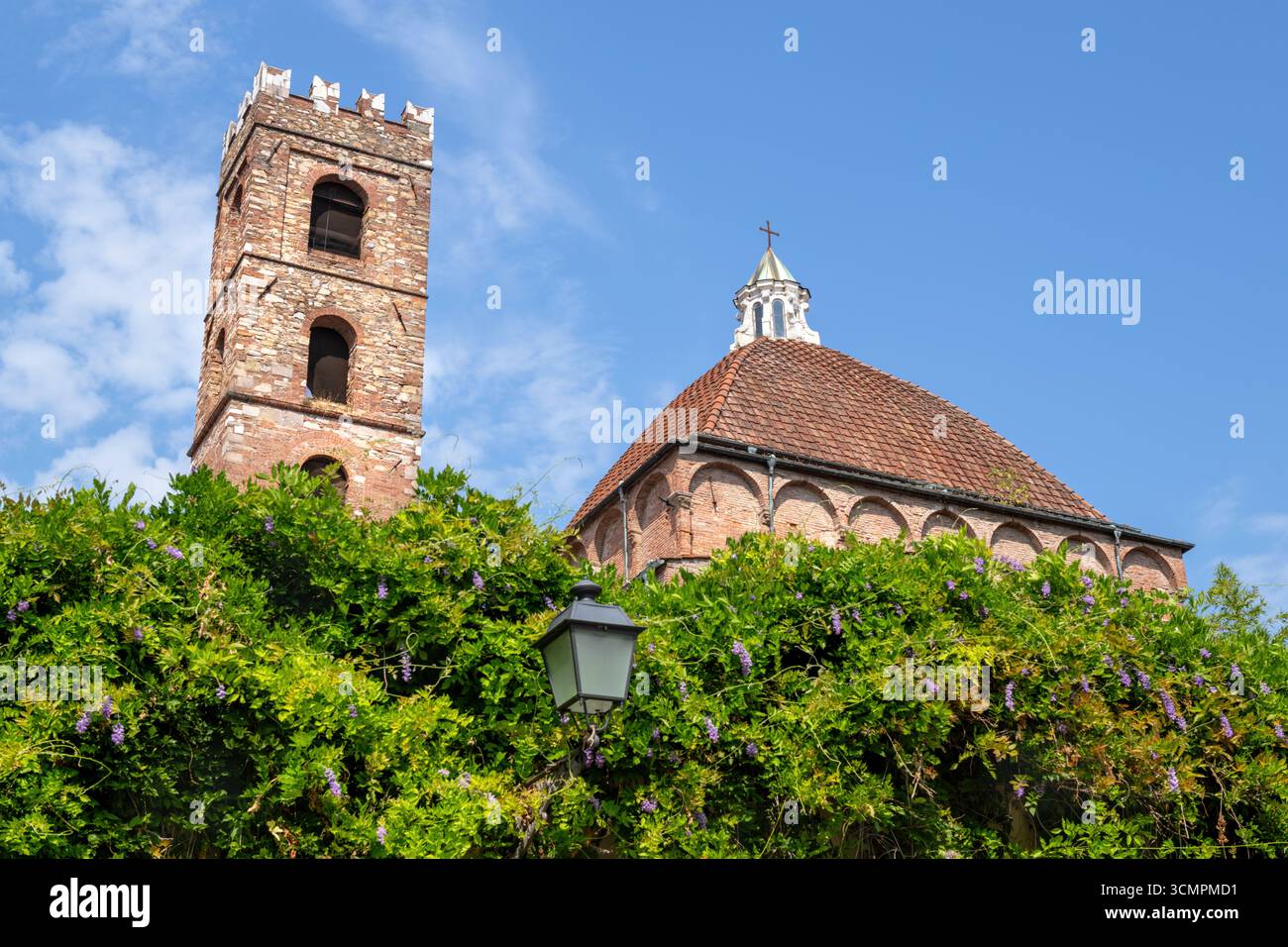 Vieux bâtiments et un clocher, avec des liens vers le Duomo di San Martino, à Lucques, Italie. Photographié depuis la Piazza Antelminelli. Banque D'Images