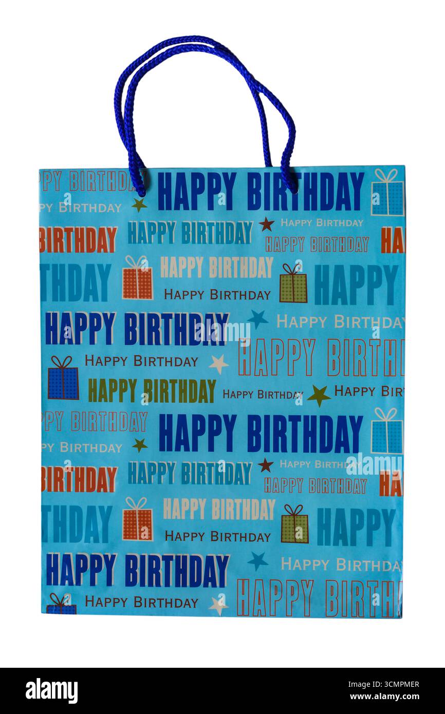 Joyeux anniversaire sac cadeau décoratif avec poignées isolé sur fond blanc Banque D'Images