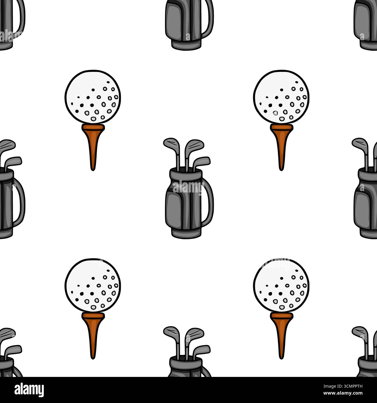 Motif vectoriel sans couture avec une illustration ludique de balles de golf sur des tees et des sacs de golf avec des clubs, rendu dans un style simple, dessiné à la main avec g. Illustration de Vecteur