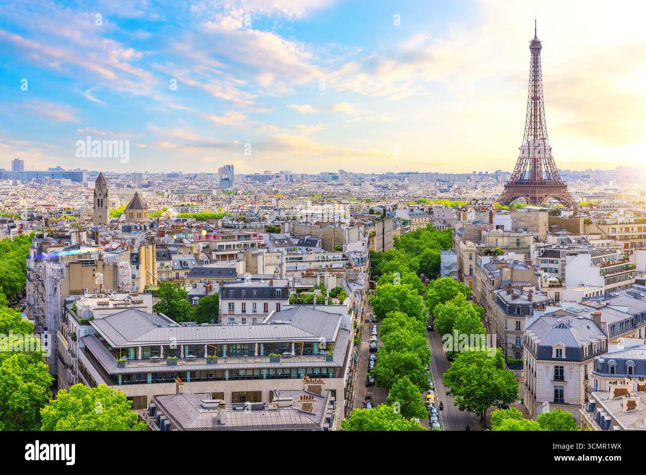 Magnifique horizon de Paris, vue sur la Tour Eiffel, les toits et le quartier des affaires. Banque D'Images