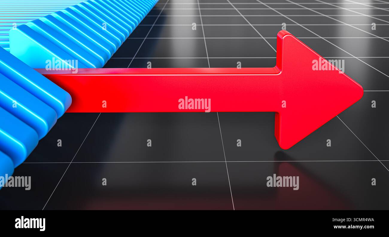 Flèche rouge brisant le mur bleu 3d atteignant le succès Banque D'Images