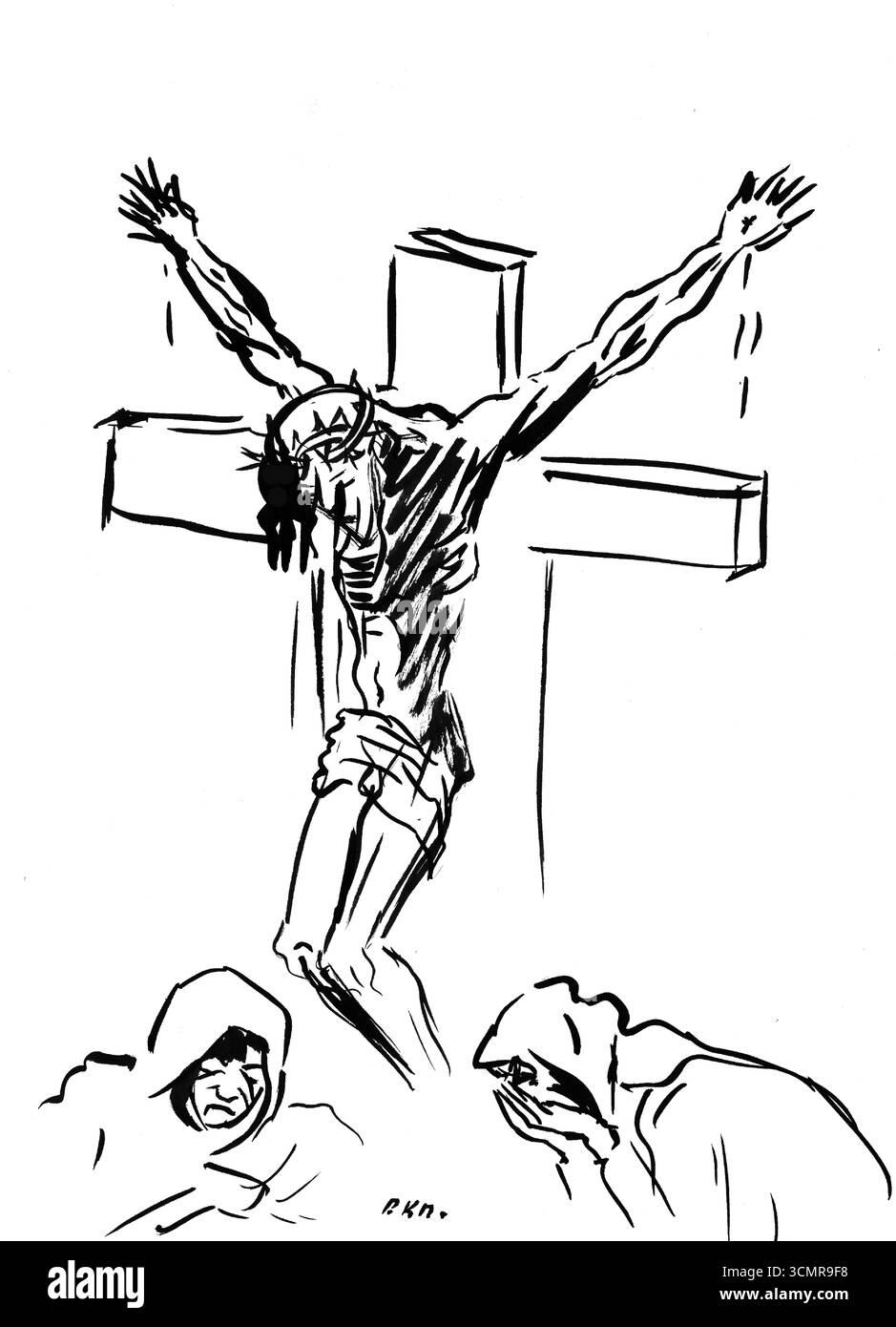 Crucifixion par Arnold Peter Weisz Kubincan, peinture religieuse moderniste slovaque du début du XXe siècle, art chrétien expressionniste, œuvre du domaine public Banque D'Images