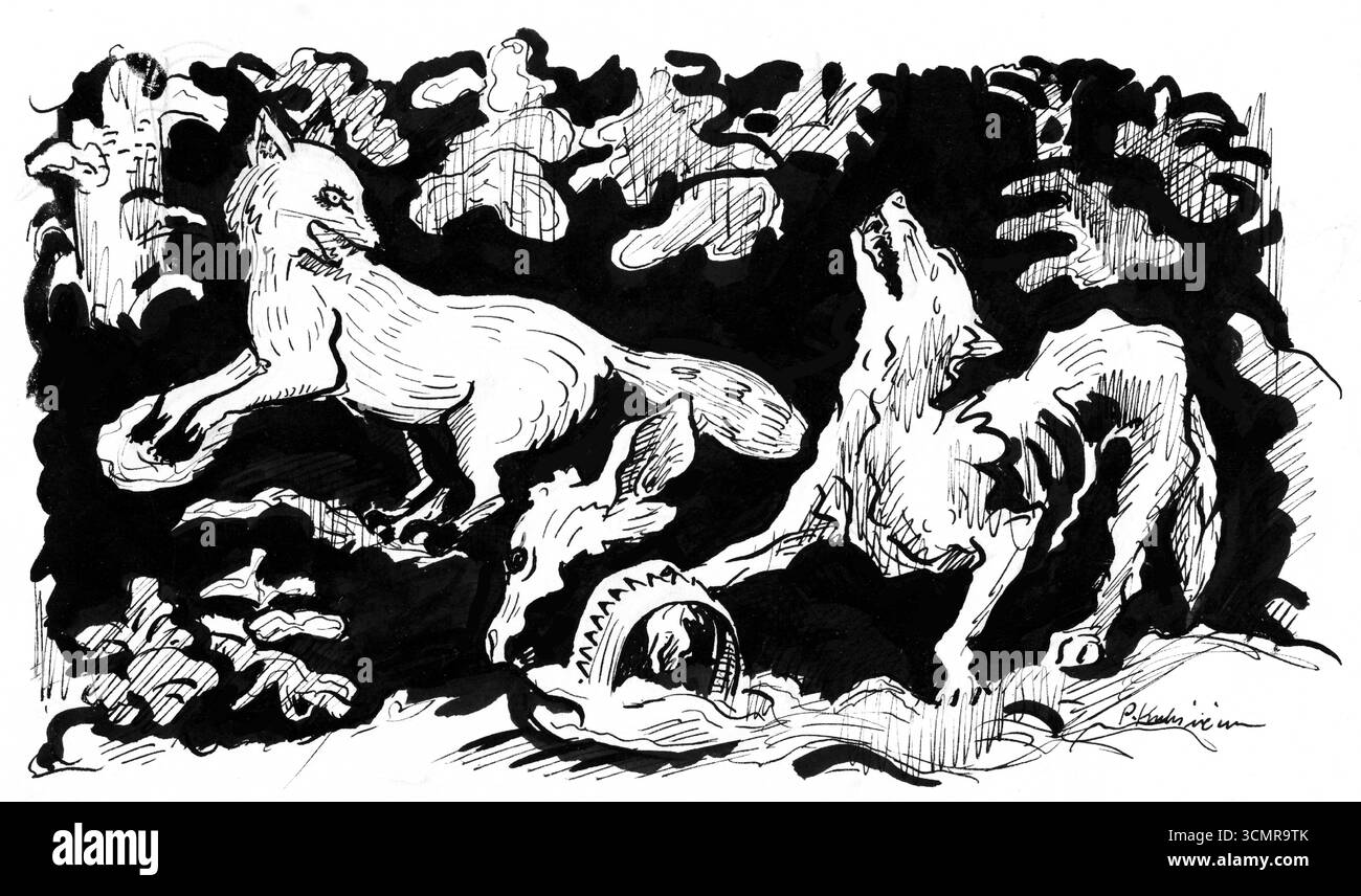 Renard dans un piège par Arnold Peter Weisz Kubincan, peinture moderniste slovaque du début du XXe siècle, scène animalière dans la nature, œuvre du domaine public Banque D'Images