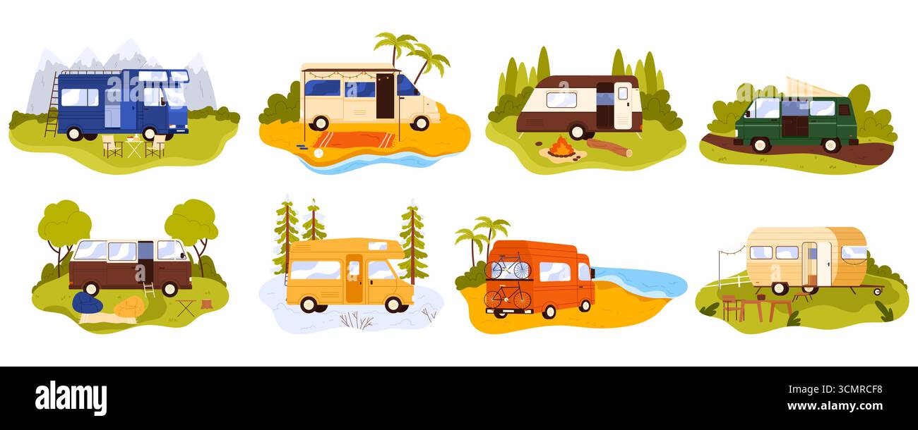 Divers camping-cars et remorques garés dans des endroits pittoresques de la nature, y compris les montagnes, les plages et les forêts, mettant en valeur le voyage et le style de vie de camping isolé sur fond blanc illustration vectorielle Illustration de Vecteur