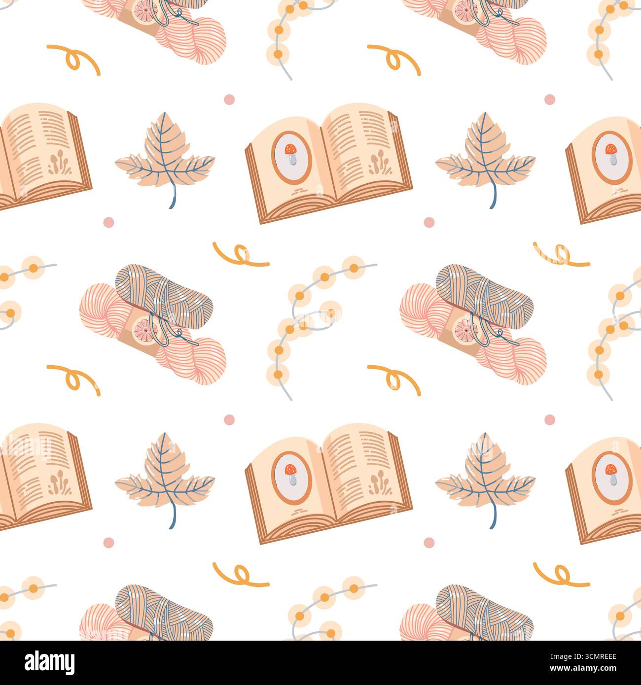 Un motif automnal sans couture chaud et confortable. Guirlande, fil, livres et feuilles d'automne sur fond blanc. Un fond coloré avec des éléments et des attributs automnaux. Une belle impression automnale pour les textiles, l'emballage, le papier peint et le design, en graphismes vectoriels. Illustration vectorielle plate. Illustration de Vecteur
