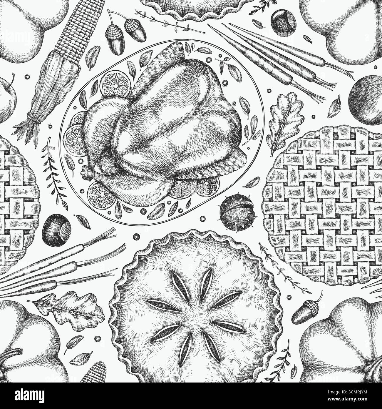 Motif sans couture de menu de Thanksgiving dessiné à la main. Illustration de nourriture festive. Fond de dîner familial de style vintage Illustration de Vecteur