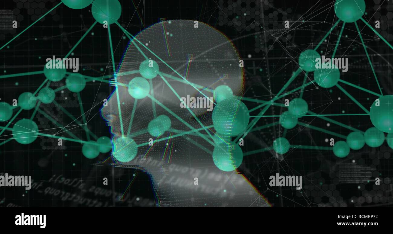 Affichage de la tête filaire reliant les sphères vertes, les lignes lumineuses dans le réseau de données, le code et la grille hexadécimale Banque D'Images