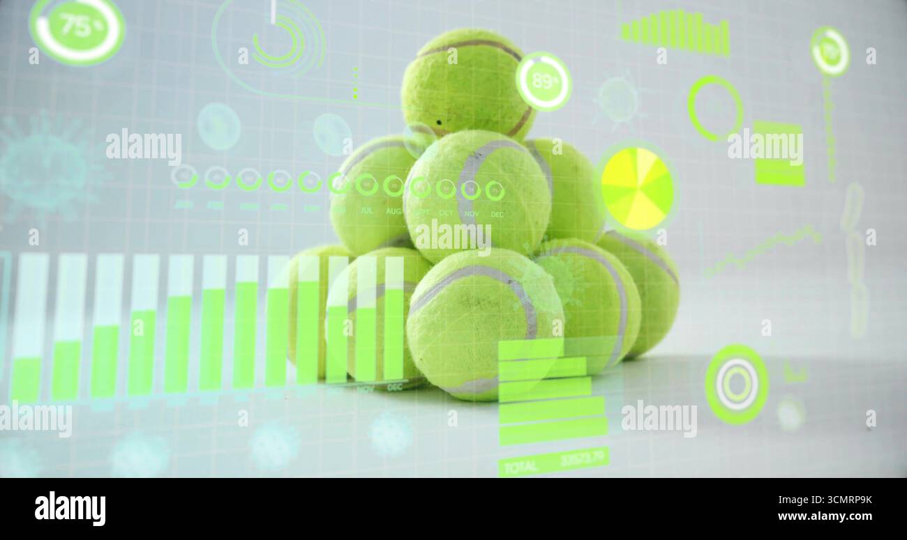 Affichage de la pyramide de balle de tennis vert néon sur la table de studio avec barre, ligne, cercle, superpositions numériques Banque D'Images