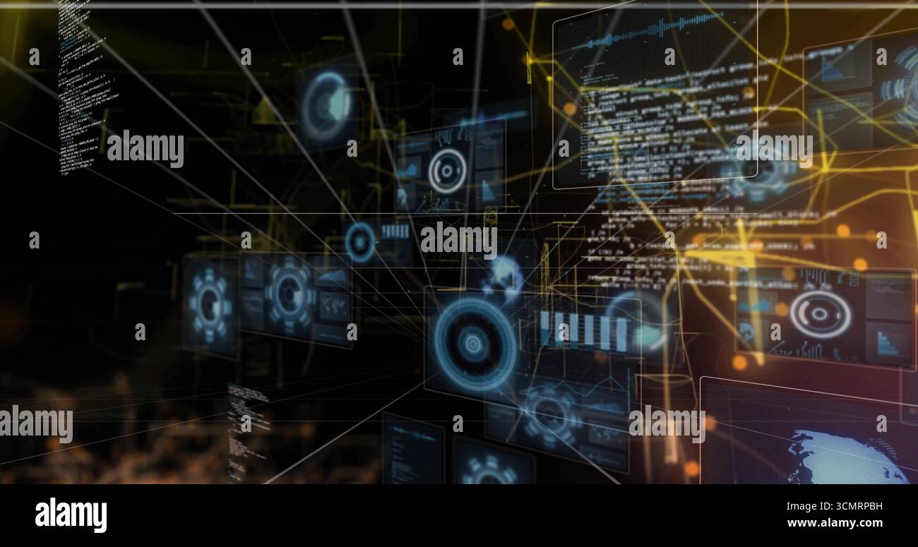 Projection de panneaux d'interface utilisateur 3D affichant du code, des graphiques et des données cartographiques dans un espace virtuel, avec des nœuds lumineux Banque D'Images