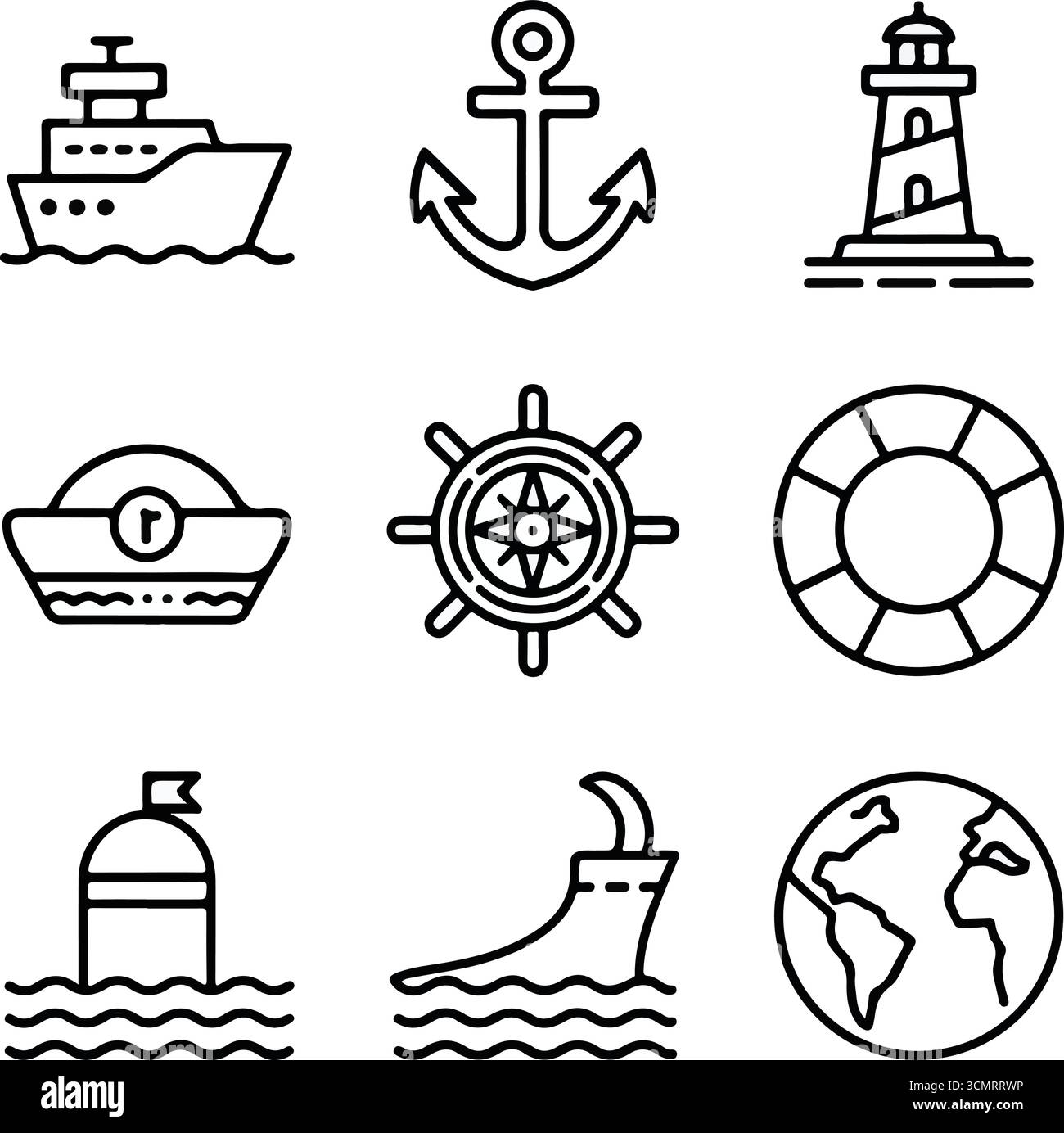 Illustrations minimalistes de l'ensemble d'icônes maritimes Illustration de Vecteur