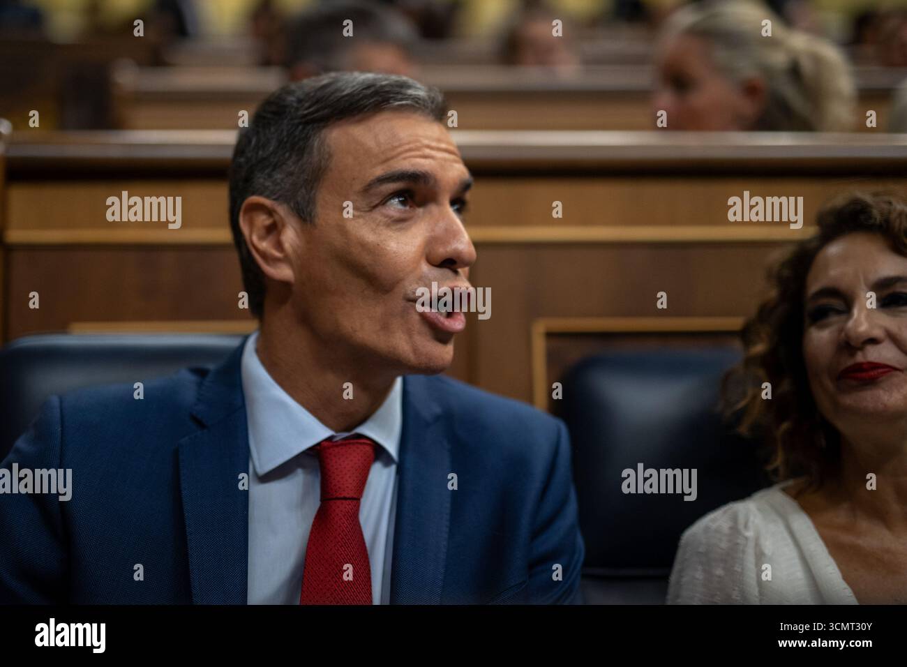 Madrid, Espagne. 17 septembre 2025. Pedro Sánchez, Président du Gouvernement espagnol, assiste à la session plénière du Congrès des députés et répond aux questions posées lors de la session de contrôle parlementaire du Gouvernement. Crédit : SOPA images Limited/Alamy Live News Banque D'Images