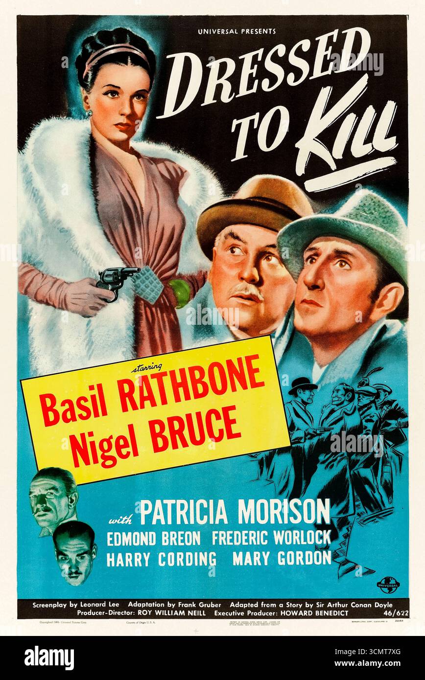 Dressed to Kill (1946) réalisé par Roy William Neill avec Basil Rathbone, Nigel Bruce et Patricia Morison. Sherlock Holmes et Dr Watson sont entraînés dans un mystère mortel impliquant des boîtes à musique volées et un secret caché que les criminels tueront pour posséder. Photographie d'une affiche américaine originale de 1946 À USAGE ÉDITORIAL EXCLUSIF. Crédit : BFA / Universal Pictures Banque D'Images