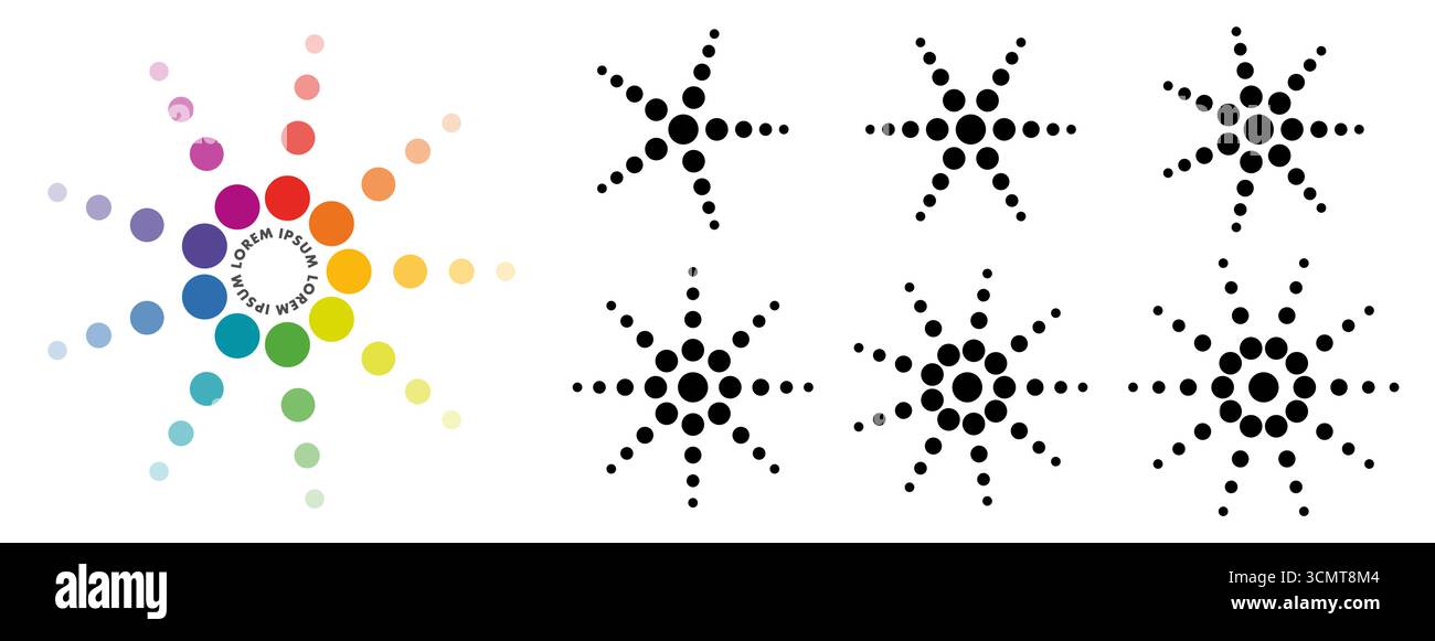 Petits cercles ou points disposés en forme d'étoile, version avec cinq dix rayons, peuvent être utilisés comme élément infographique ou partie du logo Illustration de Vecteur