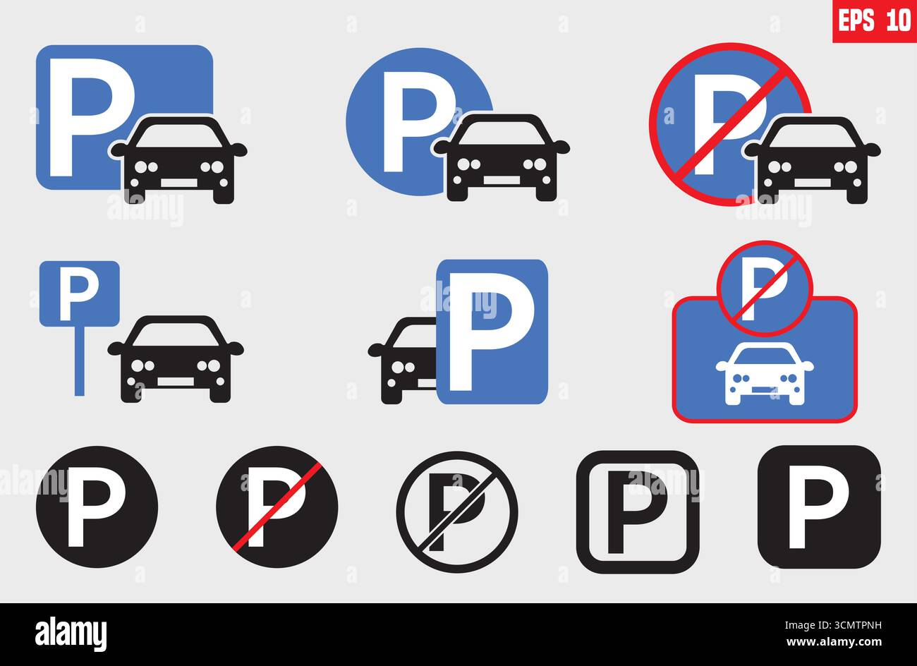 Ensembles vectoriels de baies de stationnement et aucun guidage de panneau de signalisation de stationnement. Lettre P symbole de stationnement pour voiture, véhicule, moto, vélo, scooter et camion. Illustration de Vecteur