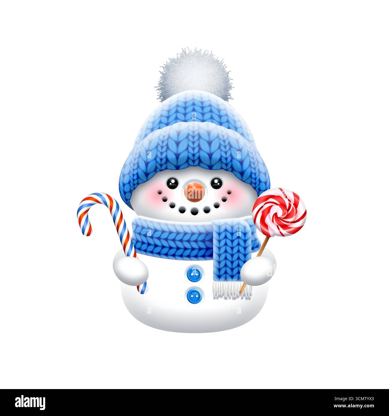 Bonhomme de neige drôle de Noël avec des cannes de bonbon. Banque D'Images
