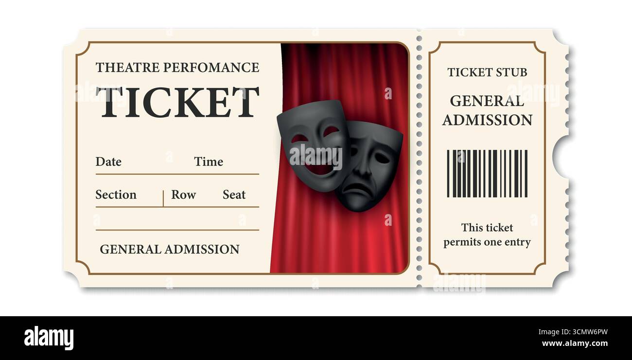 Modèle de ticket de théâtre vectoriel avec masques de comédie et de tragédie. Billet d'admission vintage. Billet d'entrée pour spectacle de théâtre, concert Illustration de Vecteur