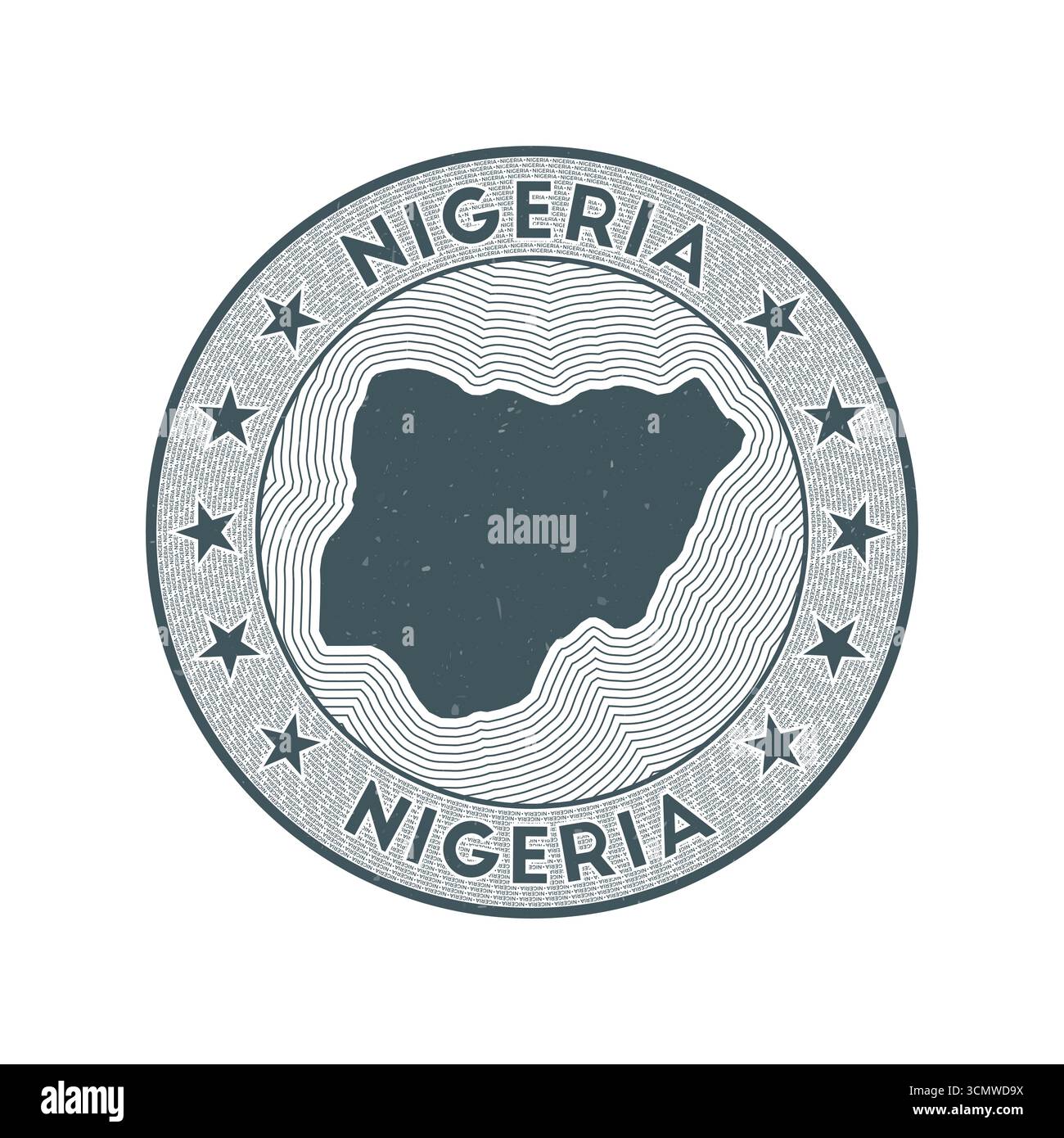Vecteur badge rond Nigeria. Timbre rond de pays avec forme du Nigeria, isolines et nom de pays circulaire. Emblème artistique. Illustration de Vecteur