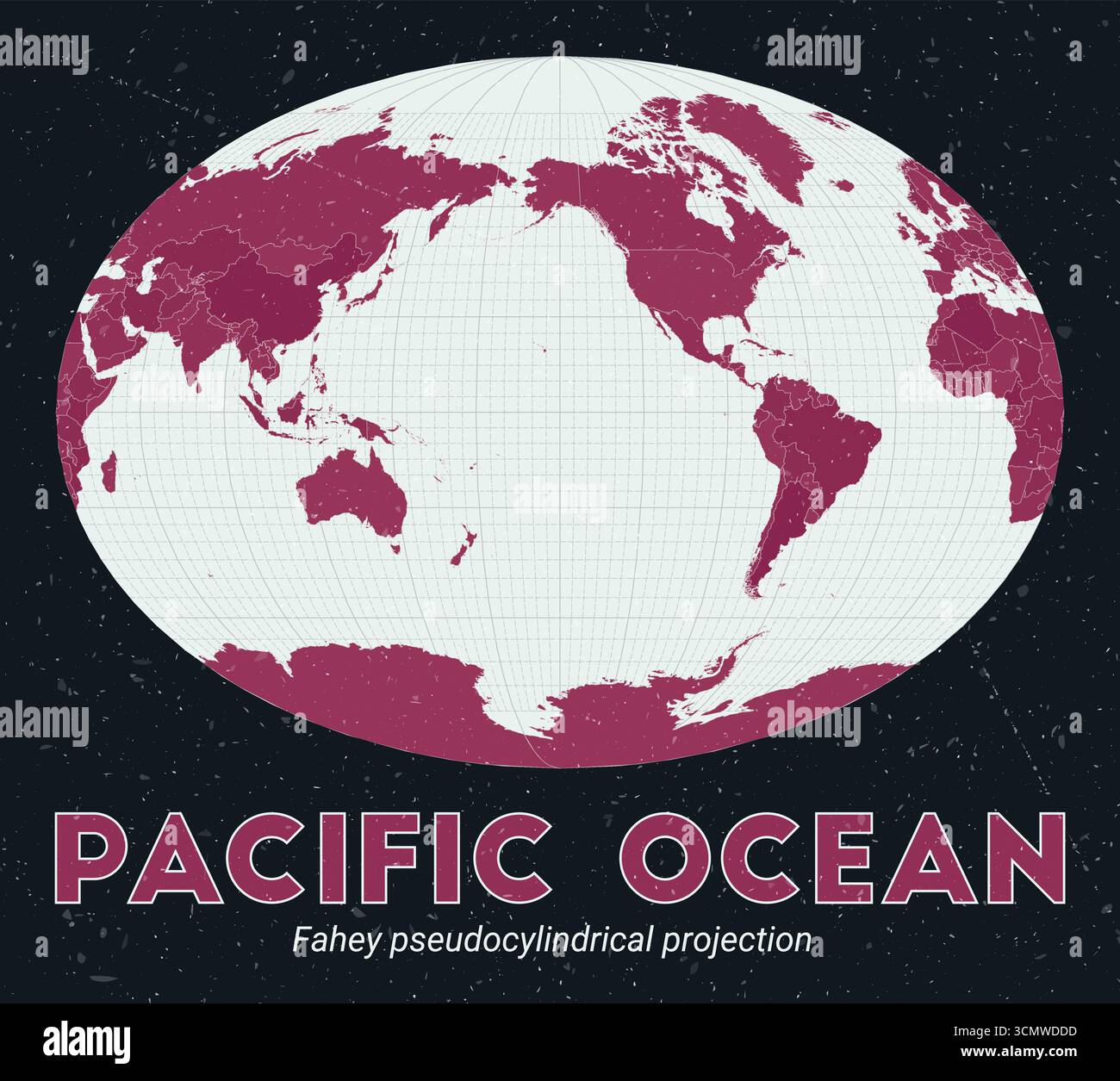 Carte du monde de l'océan Pacifique. Projection pseudo-cylindrique de Fahey centrée sur l'océan Pacifique. Palette Pink foncé menthe pâle. Texture vintage. Illustration de Vecteur