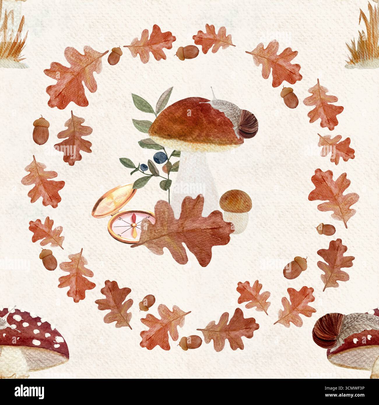 Champignons, escargot, boussole, feuilles de chêne, glands, et les baies dans la couronne d'automne rustique sur papier beige texturé. Motif aquarelle confortable sans couture. Woodland Banque D'Images