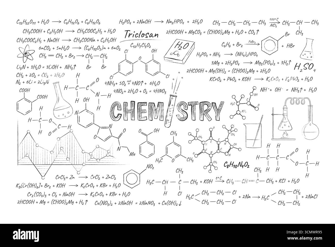 Illustration de chimie complexe présentant des formules, des structures moléculaires et des équipements de laboratoire. Style croquis monochrome, thème éducatif adapté pour acad Illustration de Vecteur