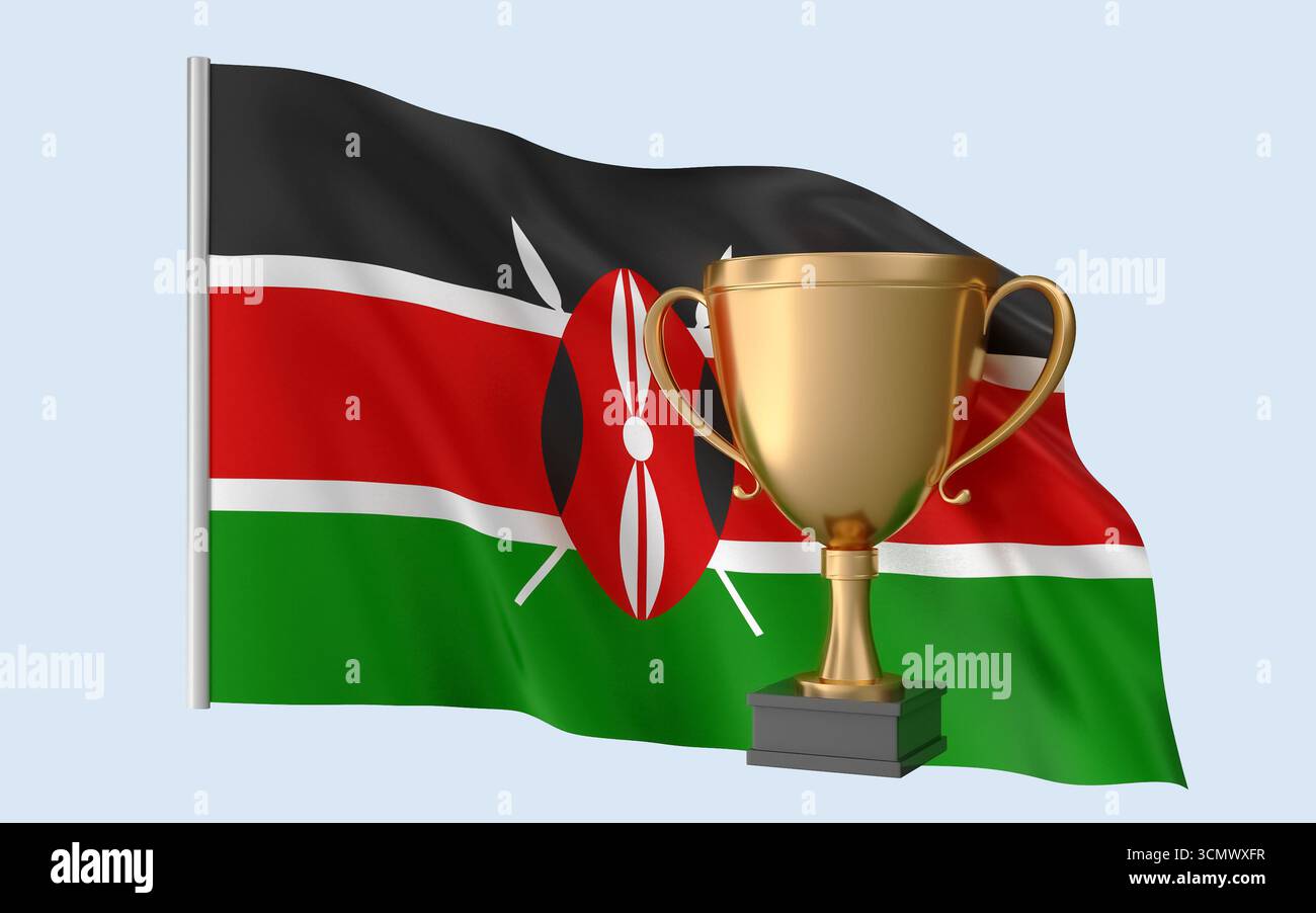 Trophée drapeau du Kenya. Rendu 3D réaliste de haute qualité qui représente l'identité nationale, la culture, la fierté et la reconnaissance mondiale. Banque D'Images