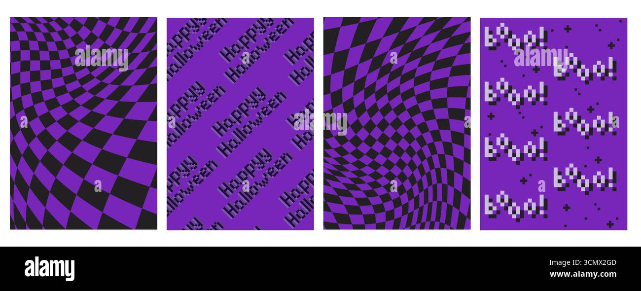 Arrière-plans esthétiques d'Halloween y2k avec des motifs en damier déformés violets et noirs et des phrases de texte en pixels. Des designs numériques rétro pour une saison sinistre avec des grilles déformées et un style informatique nostalgique Illustration de Vecteur