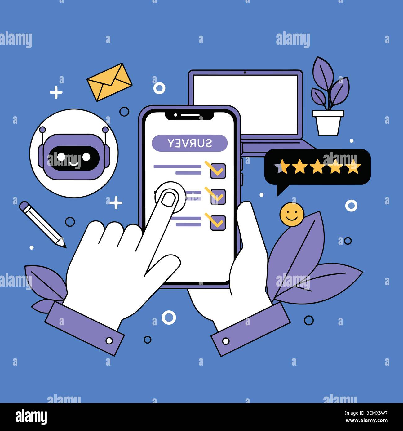 Personnage tenir le smartphone de main et utiliser l'intelligence artificielle pour remplir le formulaire d'enquête, donner des commentaires, évaluation des clients. Concept d'expérience utilisateur Illustration de Vecteur